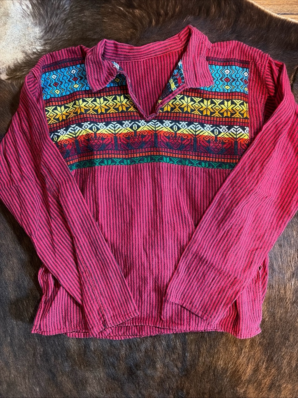 Vintage Handwoven Guatemalan Embroidered Striped Top Boho Folk Art 70s Mayan